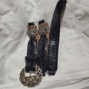 BRIGHTON Elegant Black Leather Belt with  Swarovski Silver Buckle